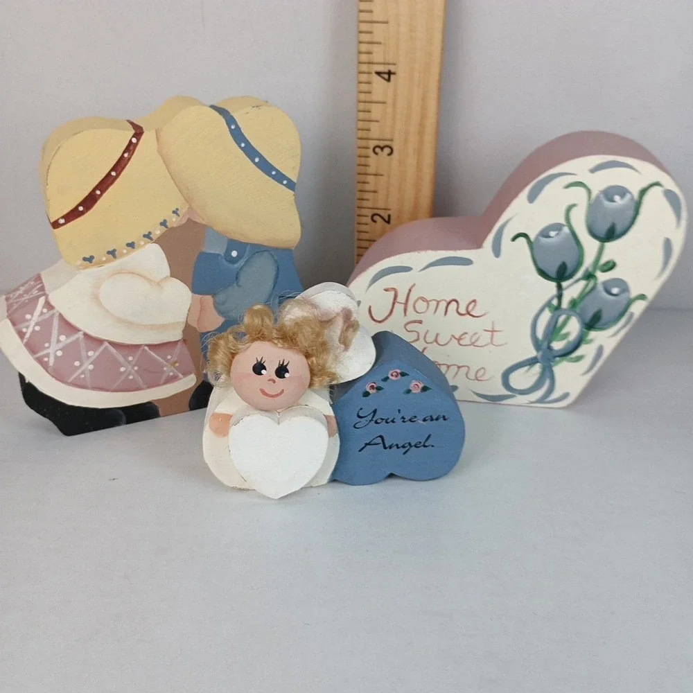 Hand Painted Wood Triple Heart Shelves Wall Mount 16.75